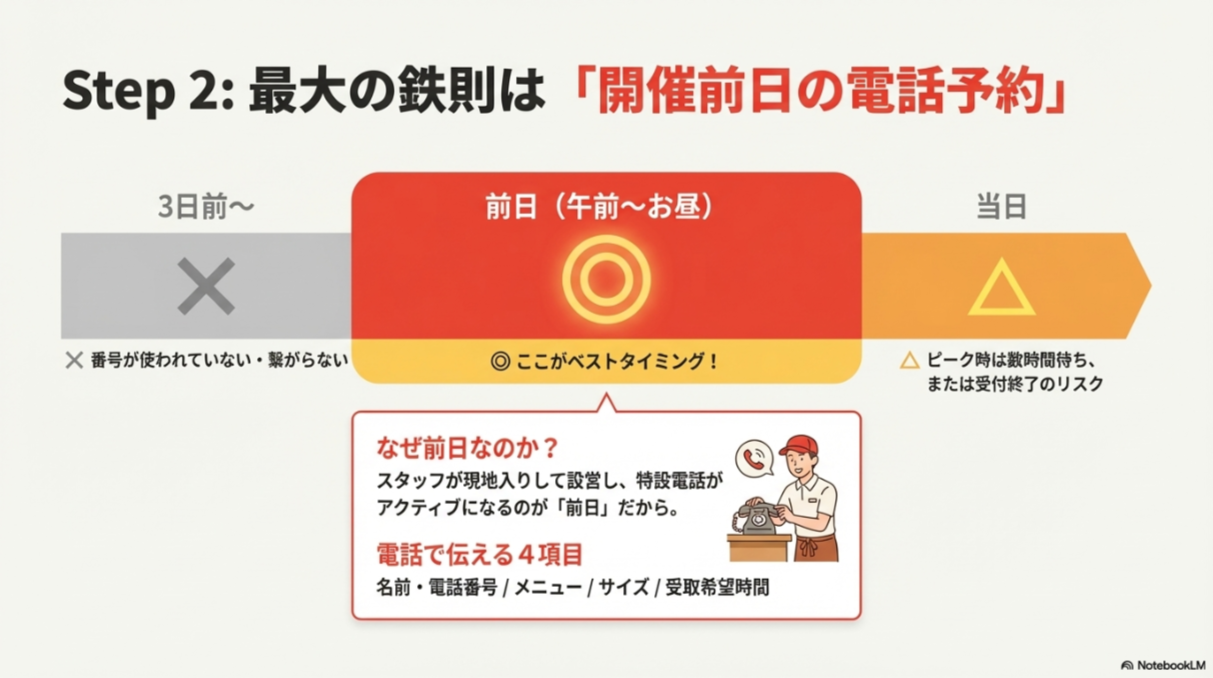 キッチンカーのスタッフが電話を受けているイラスト。「最大の鉄則は開催前日の電話予約」と大きく書かれ、3日前は「×」、前日の午前からお昼が「◎ベストタイミング」と示された図解。