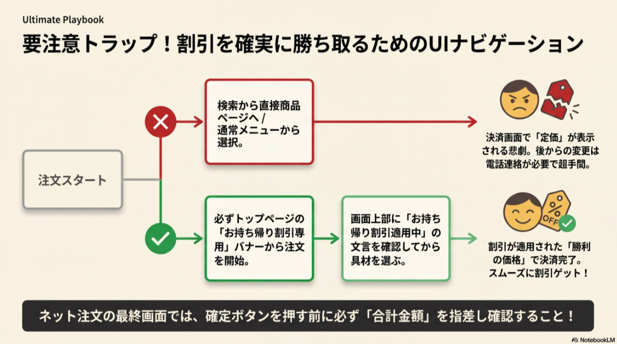 通常メニューから選ぶと定価になるトラップを警告し、必ず「お持ち帰り割引専用バナー」から注文を開始する正しい手順を示したフローチャート。