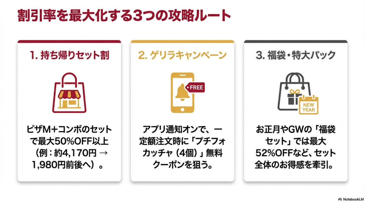 持ち帰りセット割、アプリ限定のゲリラキャンペーン、正月やGWの福袋セットなど、よりお得に買うための攻略法をまとめたスライド。
