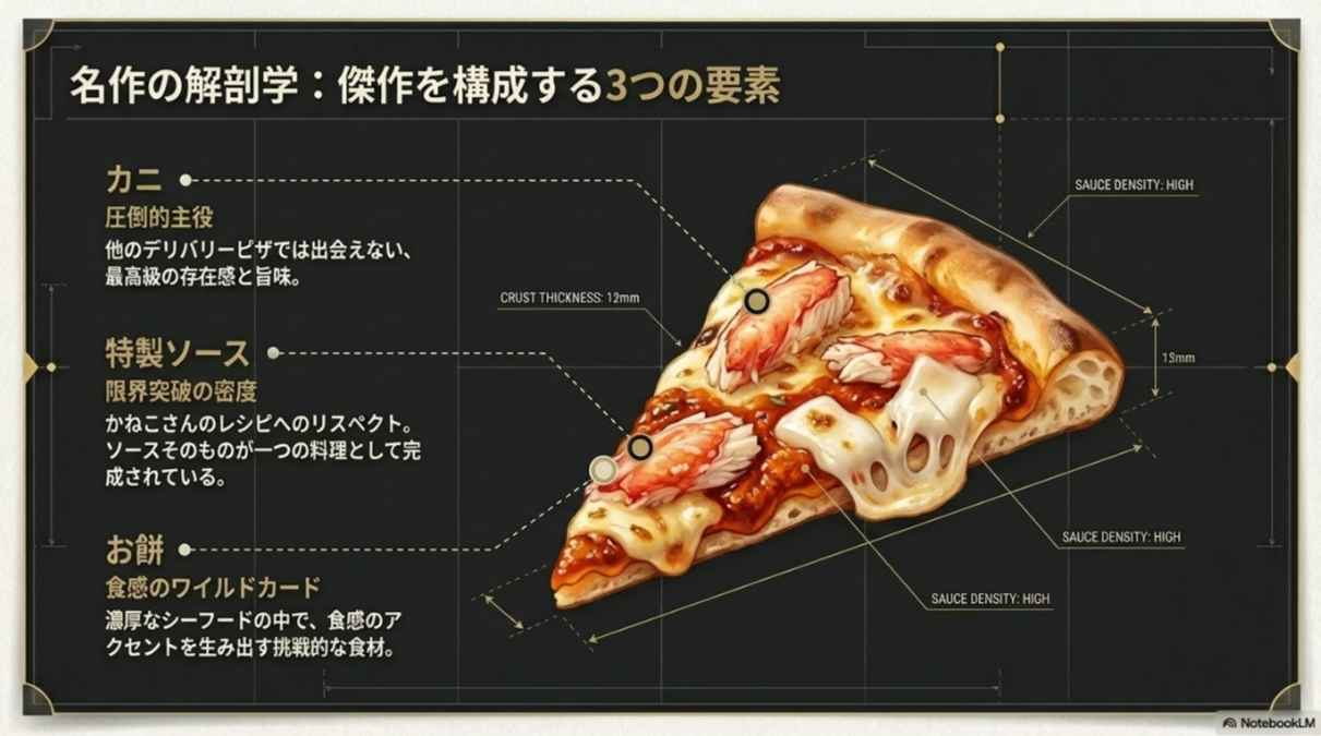 カニ、特製ソース、お餅という3つの要素を構造的に解説したスライド。