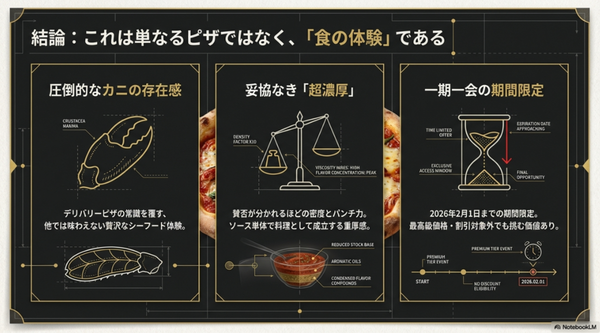 カニの爪のイラストとともに「圧倒的なカニの存在感」と書かれた、デリバリーピザの常識を覆す贅沢さを強調するスライド。