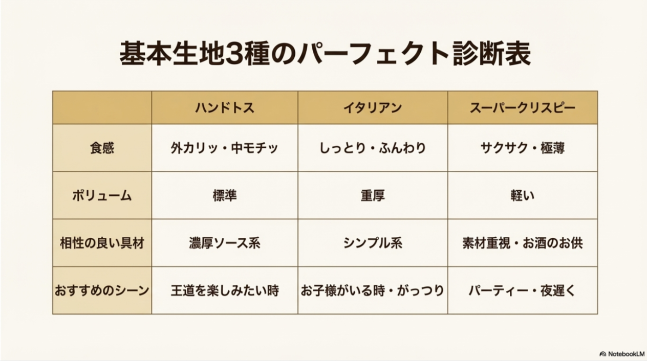 ハンドトス、イタリアン、スーパークリスピーの食感・ボリューム・相性を比較した一覧表。