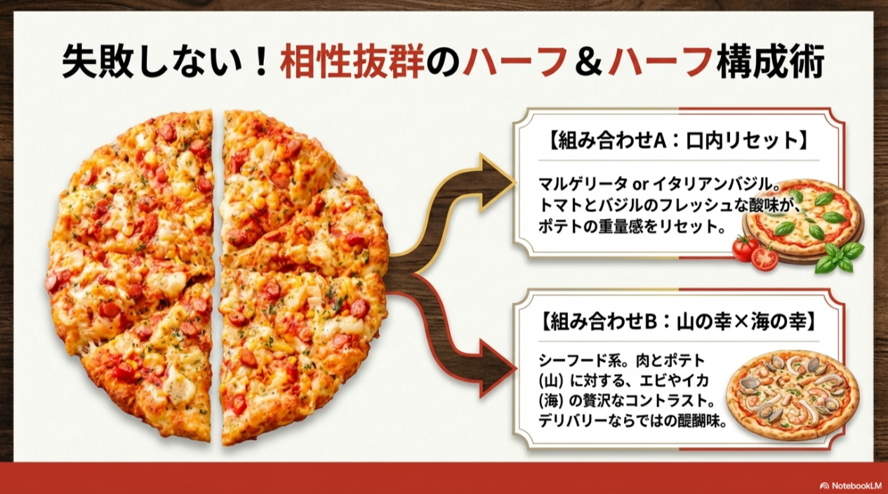 ポテマヨの重量感をリセットする「マルゲリータ」や、贅沢な「シーフード系」との組み合わせ例を紹介したハーフ＆ハーフの提案図。