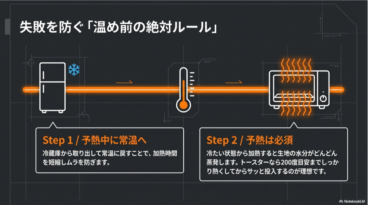 加熱ムラを防ぐために常温に戻すことと、水分の蒸発を防ぐために200度を目安に予熱を行うという2つの重要ステップの解説。