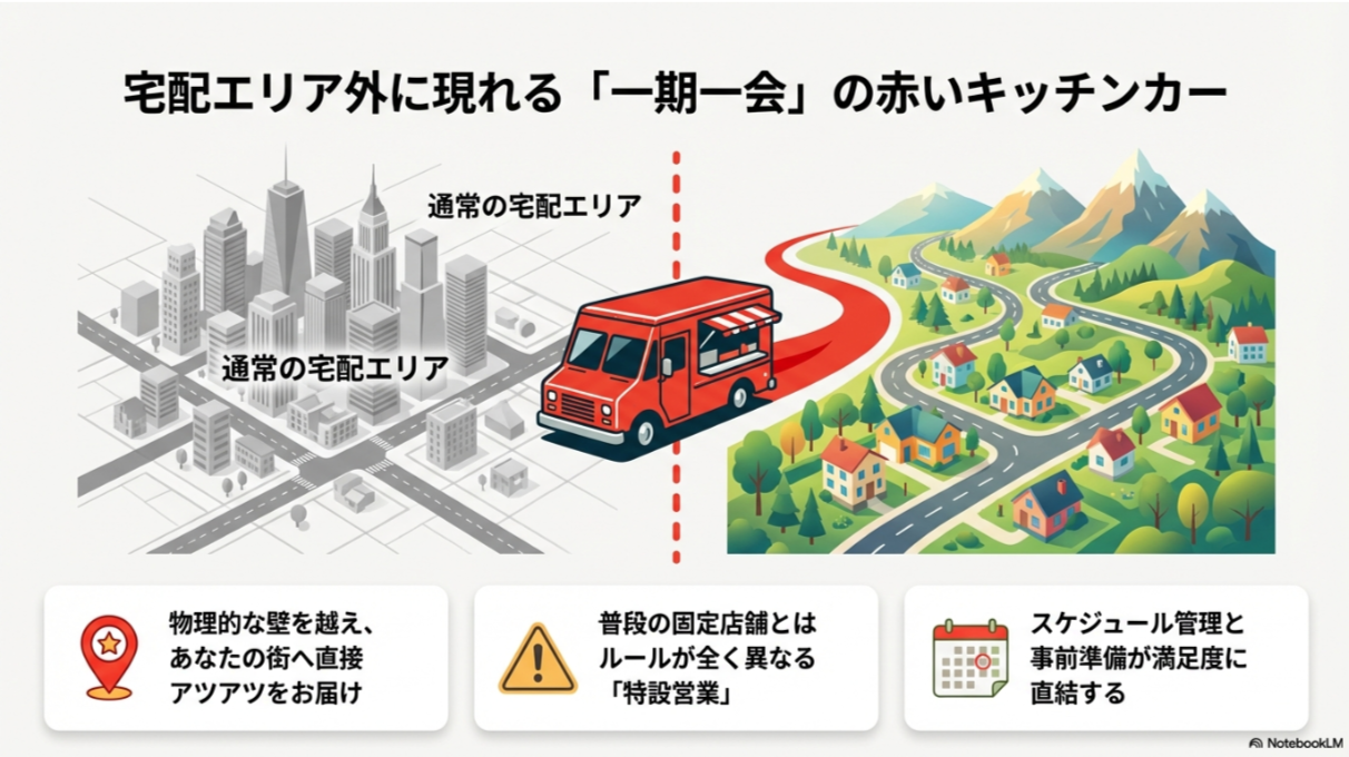 モノクロの都会（通常の宅配エリア）から、赤いラインを通って山や川のある自然豊かな街へ移動するピザーラキッチンカーのイラスト。「物理的な壁を越え、あなたの街へ直接アツアツをお届け」という説明。