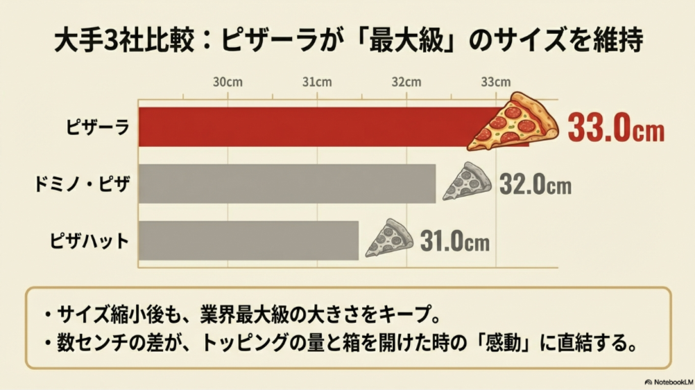 ピザーラ(33.0cm)、ドミノ・ピザ(32.0cm)、ピザハット(31.0cm)の大きさを比較した棒グラフ。