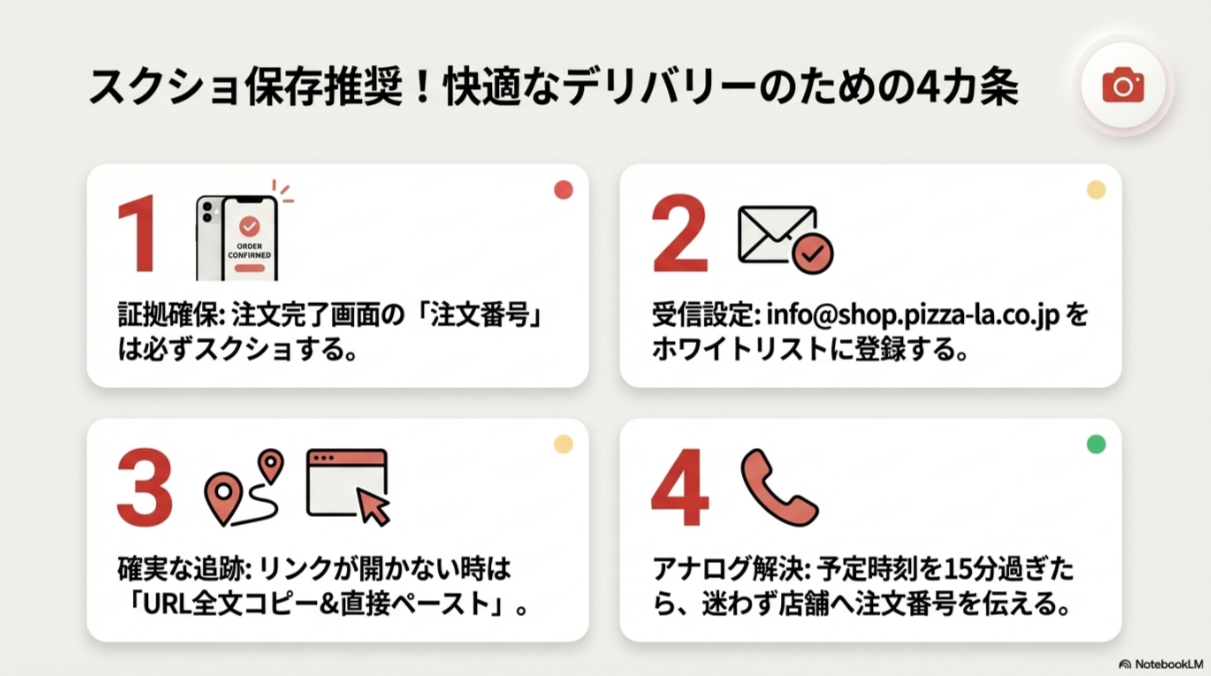 注文番号のスクショ、受信ドメイン設定、URLの直接ペースト、15分遅延時の店舗連絡という、トラブルを防ぐ4つの重要ポイント。