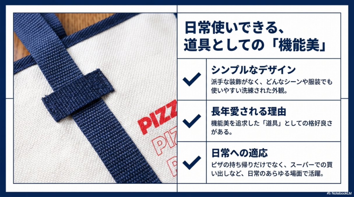 派手な装飾がなく洗練された外観で、スーパーでの買い出しなど日常のあらゆる場面で活躍することを伝えるスライド。
