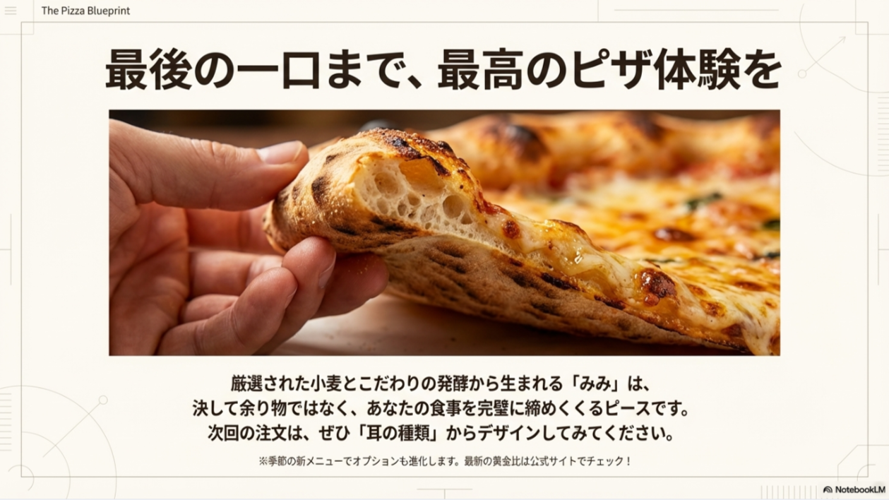 厳選された小麦と発酵による「みみ」を手に持つ様子と、「最後の一口まで、最高のピザ体験を」というメッセージ。