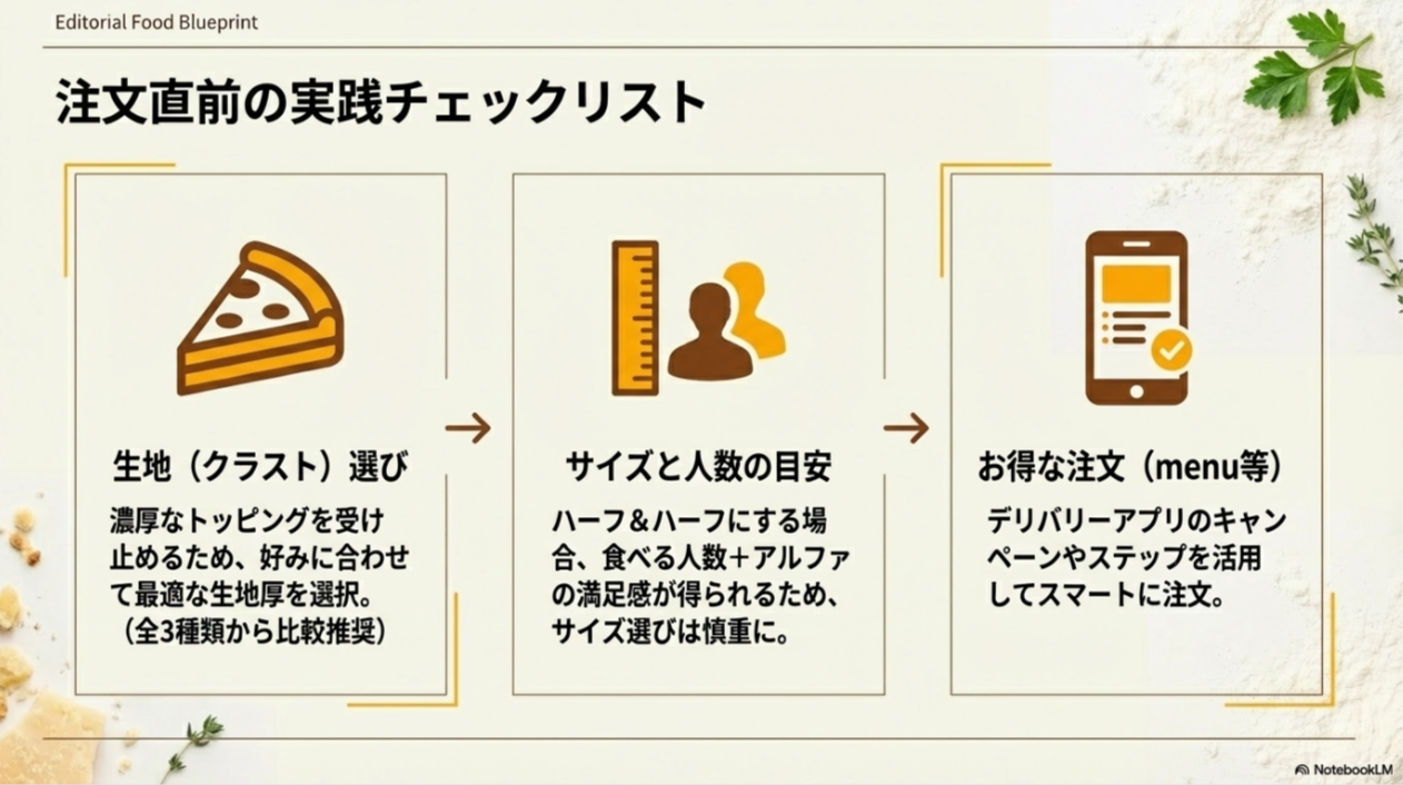 生地選び、サイズと人数の目安、デリバリーアプリの活用など、注文時に確認すべき3つの項目をまとめたチェックリストスライド。