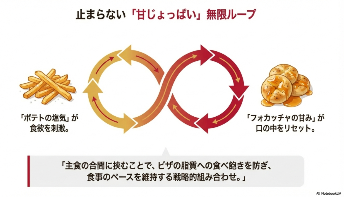 ポテトの塩気とフォカッチャの甘みが交互に食欲を刺激し、ピザへの食べ飽きを防ぐ無限ループの仕組みを解説したスライド。