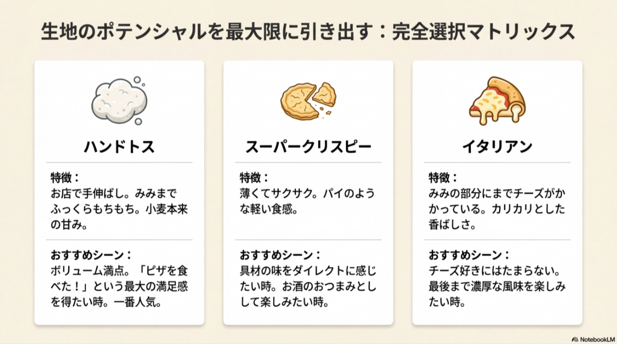 ふっくらもちもちのハンドトス、サクサクのクリスピー、みみまでチーズのイタリアンの3種の特徴と、おすすめの利用シーンをまとめた表。