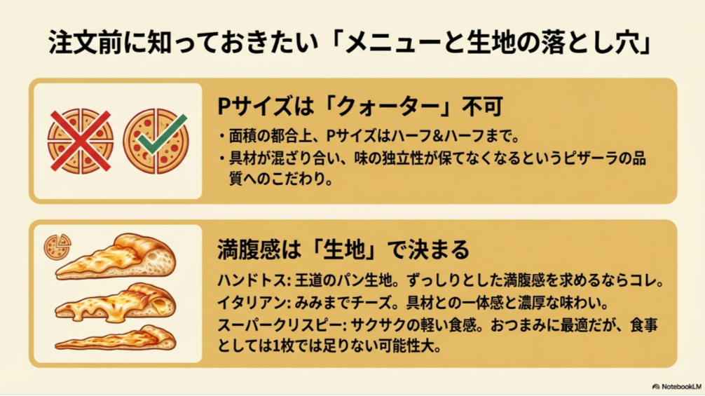 ハンドトス、イタリアン、スーパークリスピーの断面イラスト。Pサイズはクォーター不可であるという注意書き。