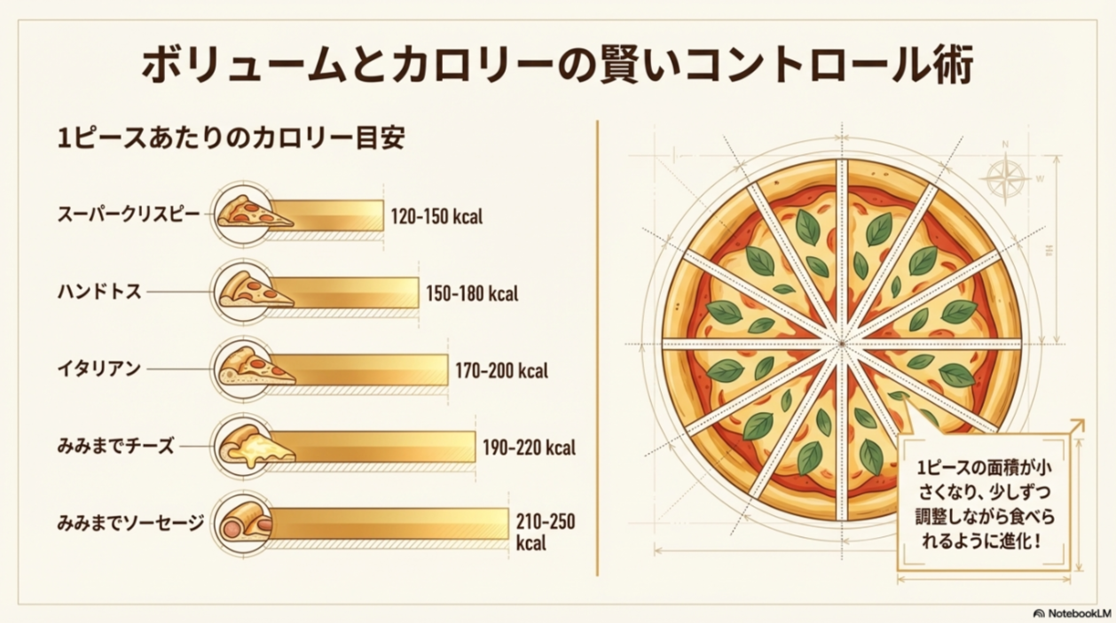生地ごとの1ピースあたりのカロリー目安と、Lサイズが12カットになり調整しやすくなった解説。