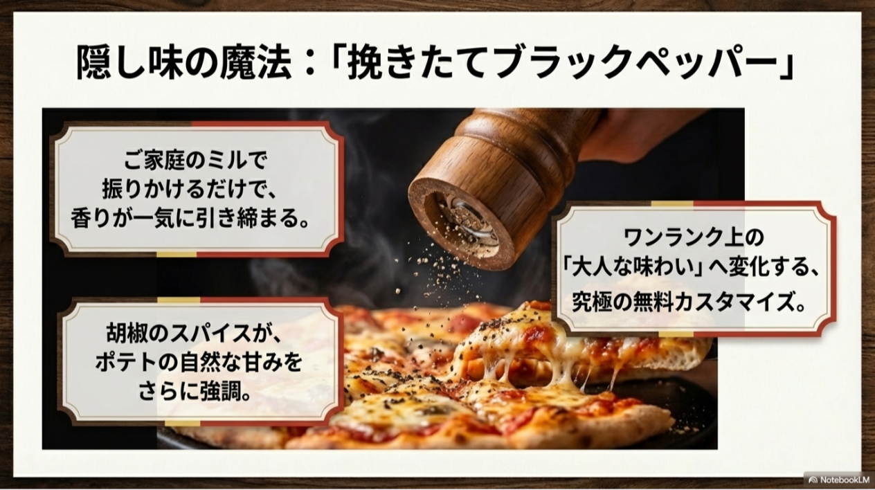 家庭のミルで挽きたてのブラックペッパーをかけることで、ポテトの甘みが引き締まり大人な味わいに変化することを解説したスライド。