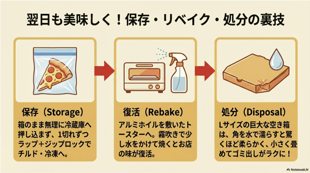 ジップロックに入れたピザ、霧吹きとトースター、水で濡らして小さくした空き箱のイラスト。