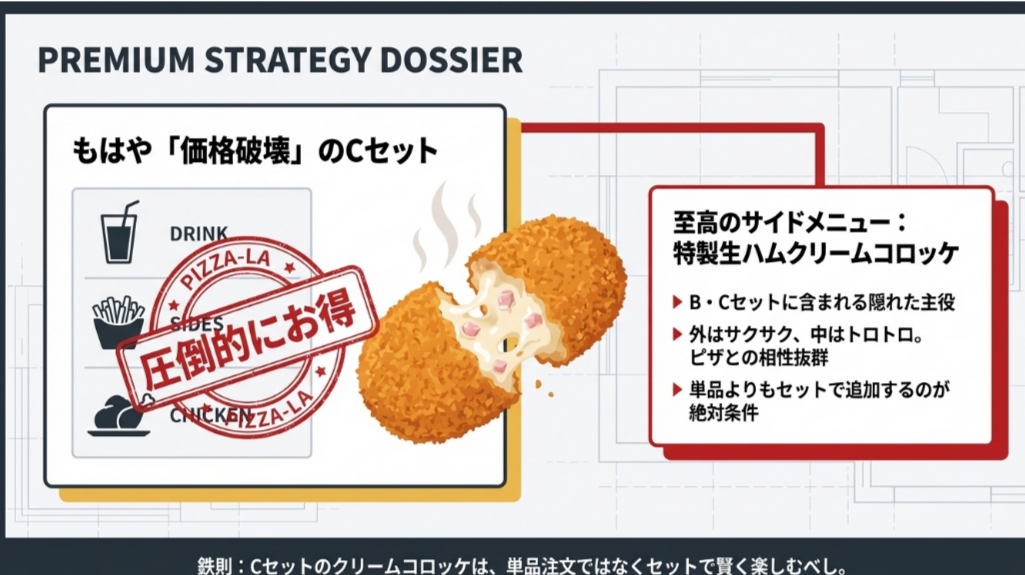 外はサクサク、中はトロトロの特製生ハムクリームコロッケのイメージ。単品ではなくCセット等で賢く注文することを推奨する内容。