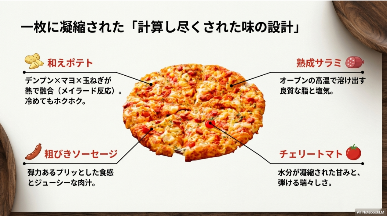 和えポテトのメイラード反応、熟成サラミの脂、粗びきソーセージの食感、チェリートマトの瑞々しさなど、具材ごとのこだわりを解説した図解。