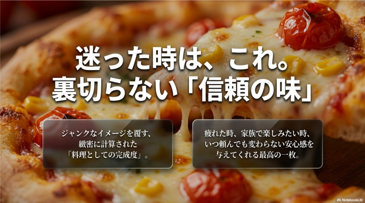 緻密に計算された料理としての完成度と、家族で楽しめる安心感を強調した、ポテマヨソーセージの魅力を締めくくるメッセージスライド。