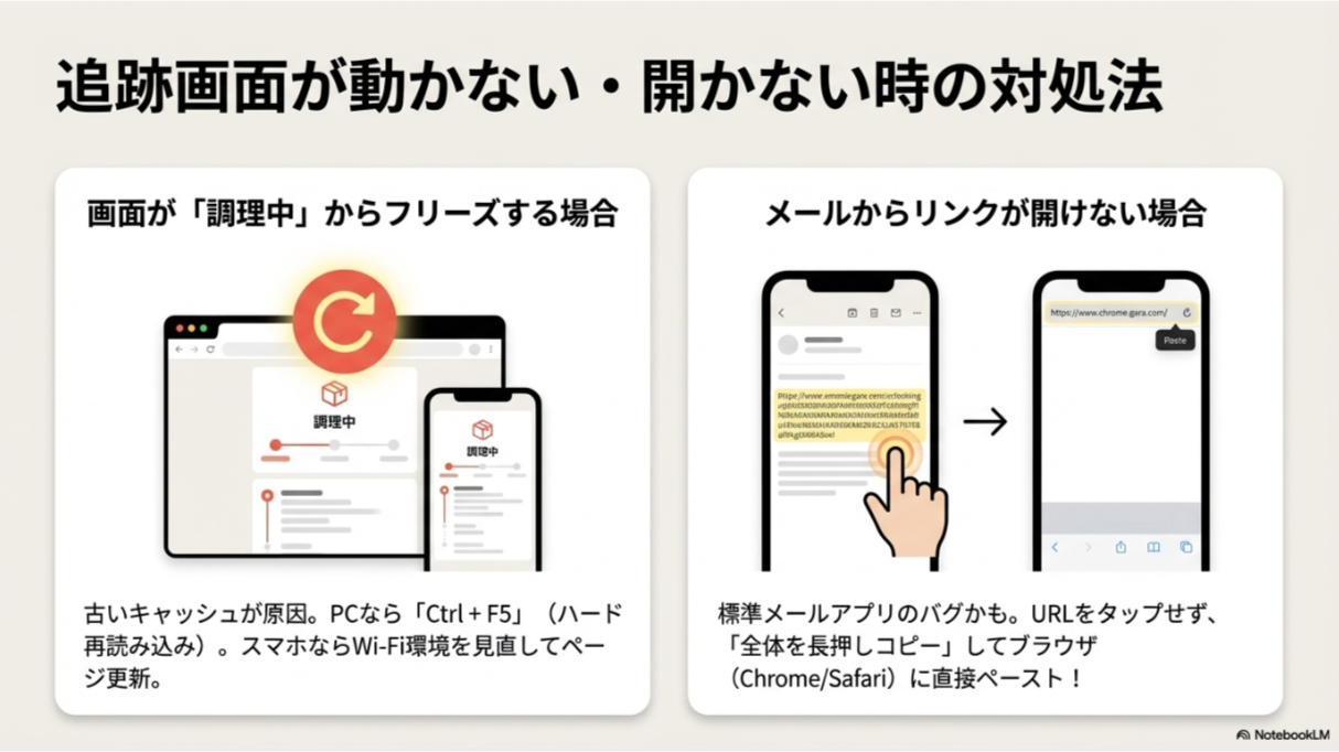 画面フリーズ時はハード再読み込み(Ctrl+F5)、リンクが開けない時はURLを長押しコピーしてブラウザに直接ペーストする手順の図解。