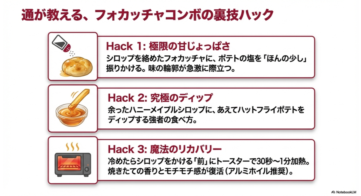 ポテトの塩を振りかける「極限の甘じょっぱさ」、シロップへのディップ、冷めた時のトースター加熱リカバリー法を紹介したスライド。