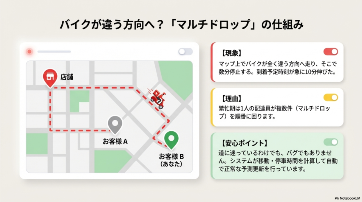 繁忙期に一人の配達員が複数件を回る際、マップ上でバイクが違う方向へ行く理由と、到着予定時刻が自動更新される仕組みの図解。