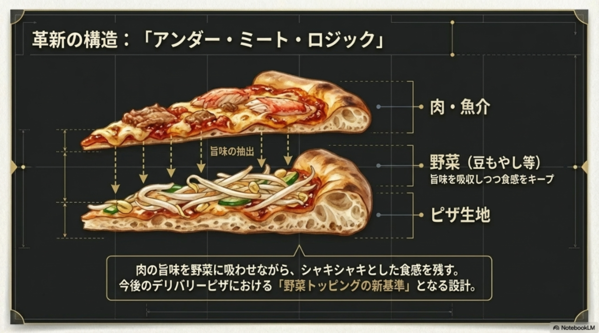 旨味を吸収しつつ食感をキープするために、肉の下に野菜（豆もやし等）を配置する設計図のような図解。