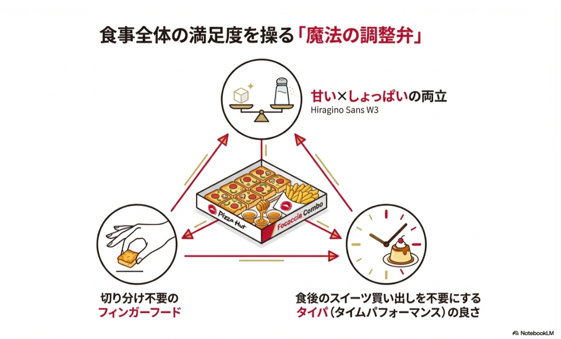 甘じょっぱさの両立、フィンガーフードの手軽さ、タイパの良さなど、フォカッチャコンボが人気の理由をまとめた図解スライド。