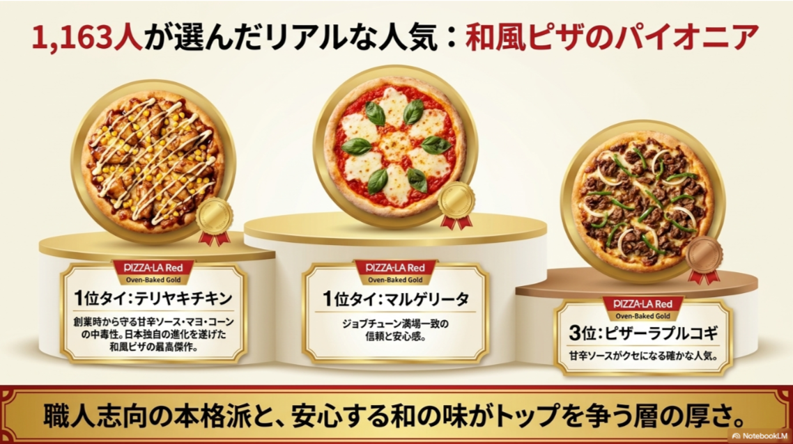 一般投票ランキングTOP3。1位タイのテリヤキチキンとマルゲリータ、3位のピザーラプルコギが紹介されている。