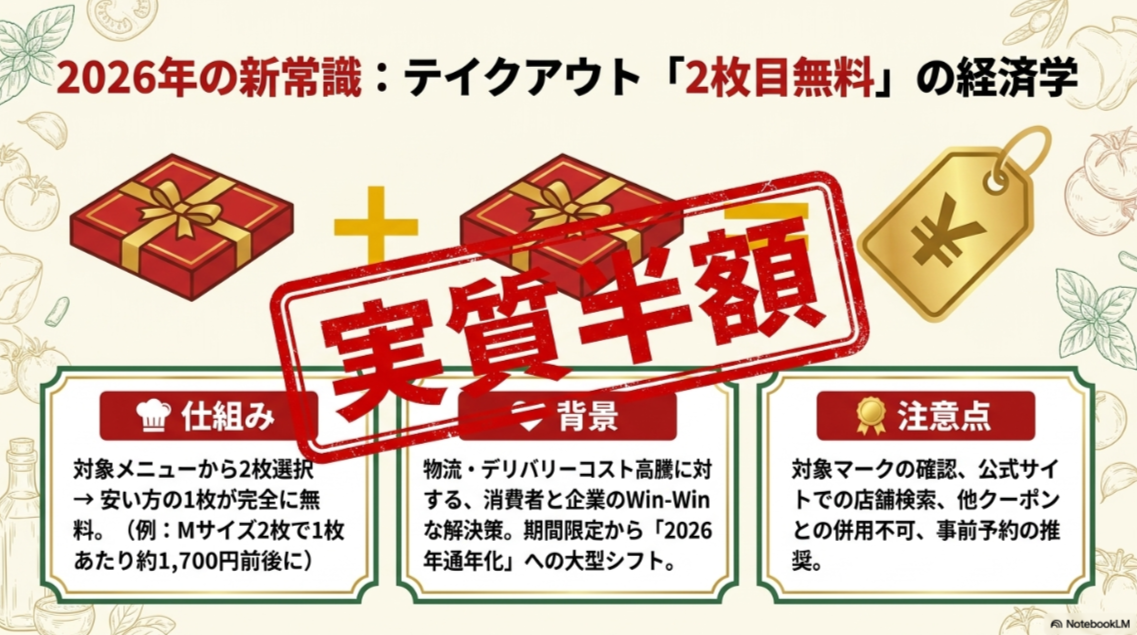 テイクアウト2枚目無料（実質半額）の仕組みと、2026年からの通年化、利用時の注意点がまとめられたスライド。