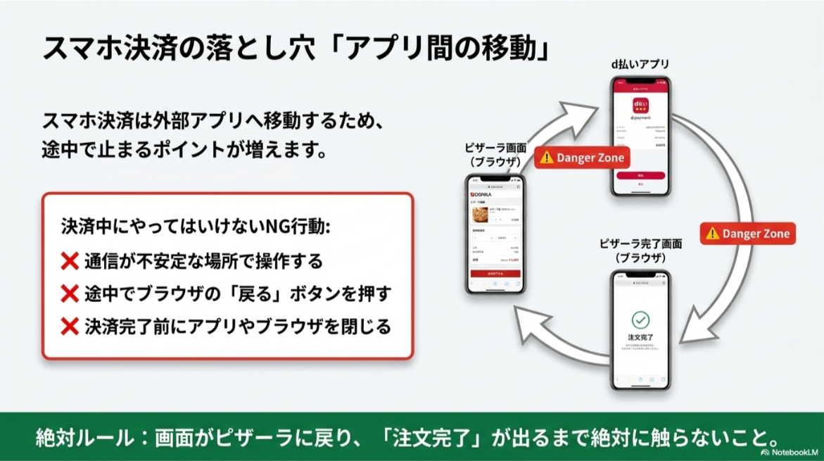 d払いなどのスマホ決済で、アプリ間の移動中に戻るボタンや通信切断を避ける注意点を示したスライド