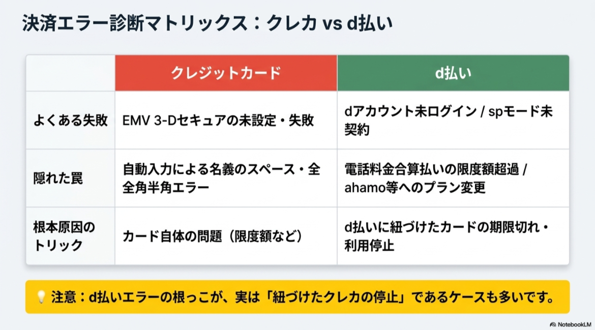 ピザーラの決済エラーについて、クレジットカードとd払いで確認すべき原因を比較したスライド