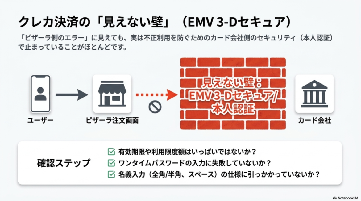 ピザーラのカード決済で見えにくい本人認証やカード会社側の確認ポイントを説明したスライド