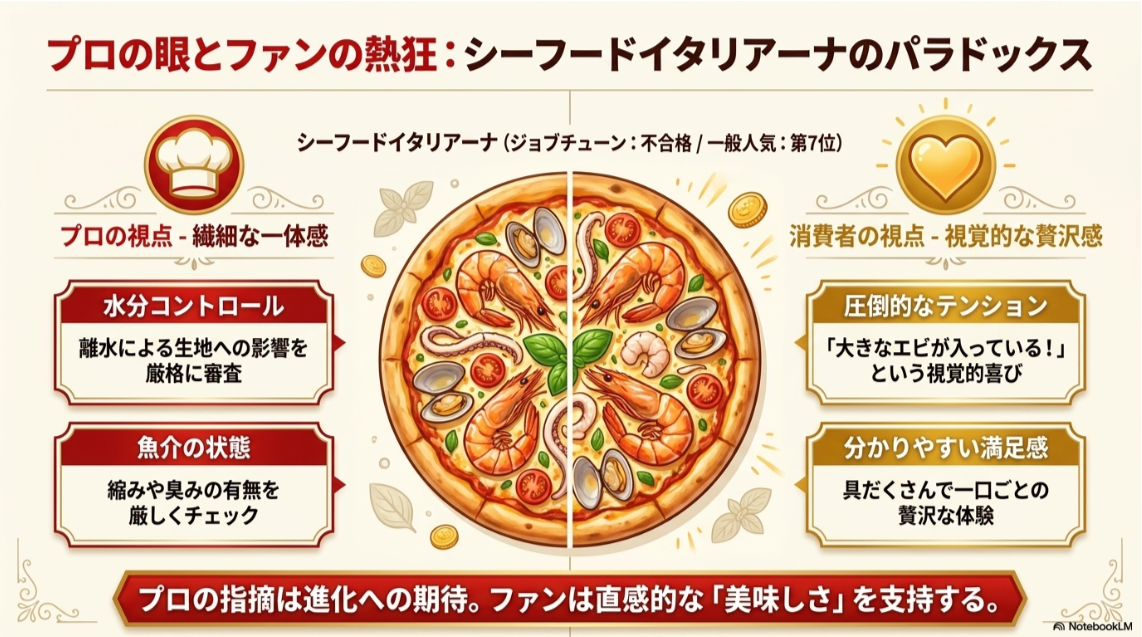 シーフードピザのイラストを背景に、プロの厳しい視点（水分や魚介の状態）と、消費者の視点（視覚的な贅沢感や満足感）のギャップを解説した図解。