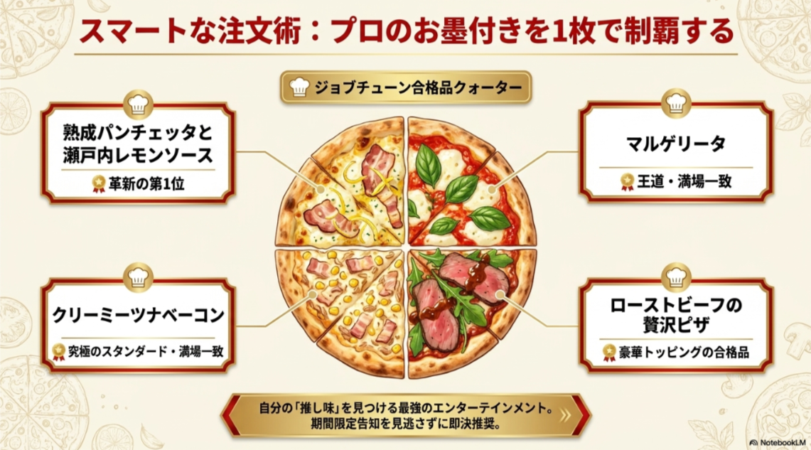 「ジョブチューン合格品クォーター」の構成図。熟成パンチェッタと瀬戸内レモンソース、クリーミーツナベーコン、マルゲリータ、ローストビーフの贅沢ピザの4種が1枚になっている。