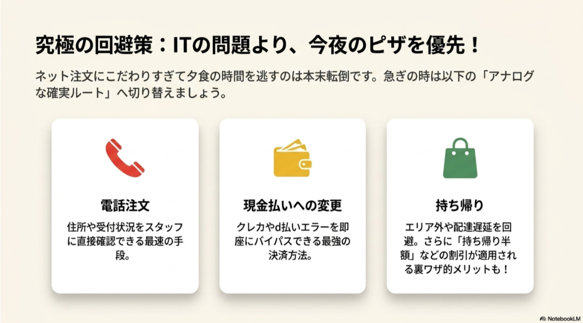 ネット注文にこだわらず、電話注文、現金払い、持ち帰りに切り替える選択肢を示したスライド