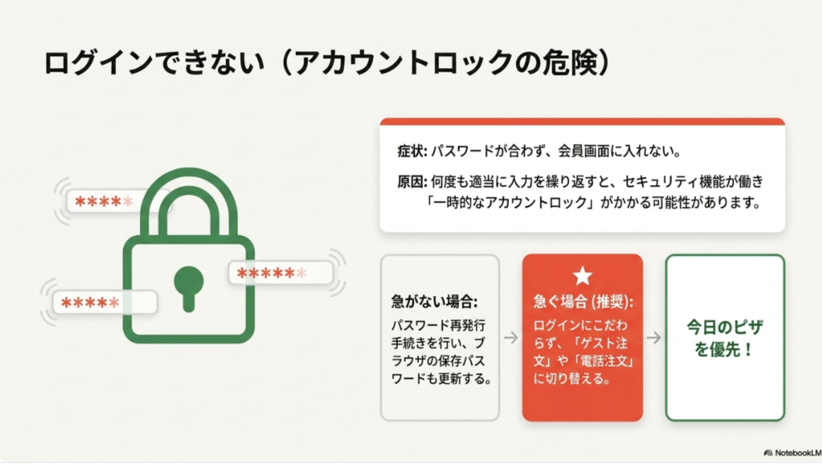 ピザーラの会員ログインで失敗した時に、アカウントロックを避けて再設定や注文方法の切り替えを促すスライド