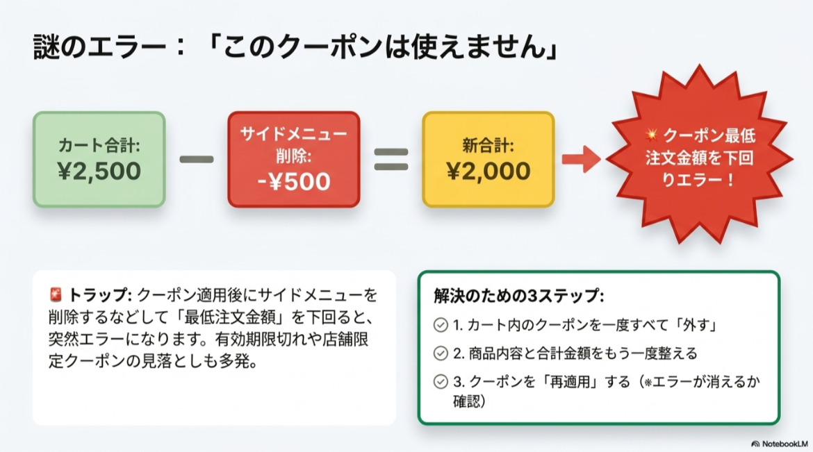 ピザーラのクーポンが使えない時に、注文金額や対象商品、店舗条件を確認する必要があることを示したスライド
