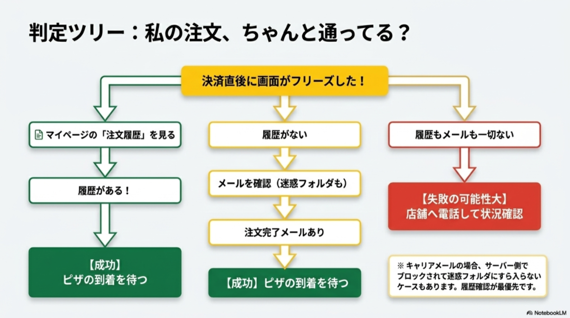 決済後に画面が止まった時、注文履歴やメールを確認して注文成立を判断する流れを示したスライド