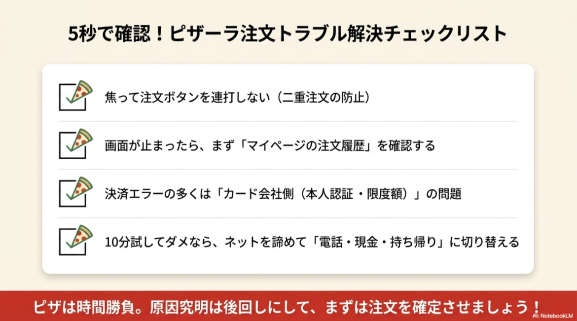 ピザーラでネット注文できない時に、注文ボタン連打を避け、注文履歴や決済方法を確認するチェックリスト