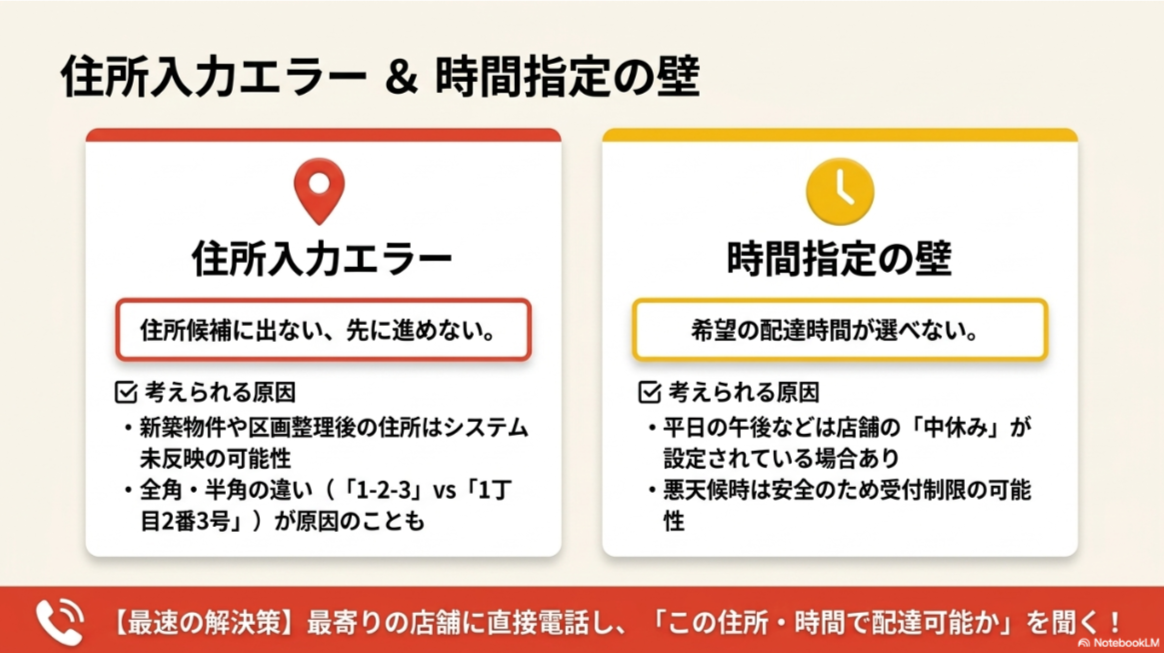 ピザーラの住所入力エラーや希望時間を選べない場合に、店舗へ電話確認する流れを説明したスライド