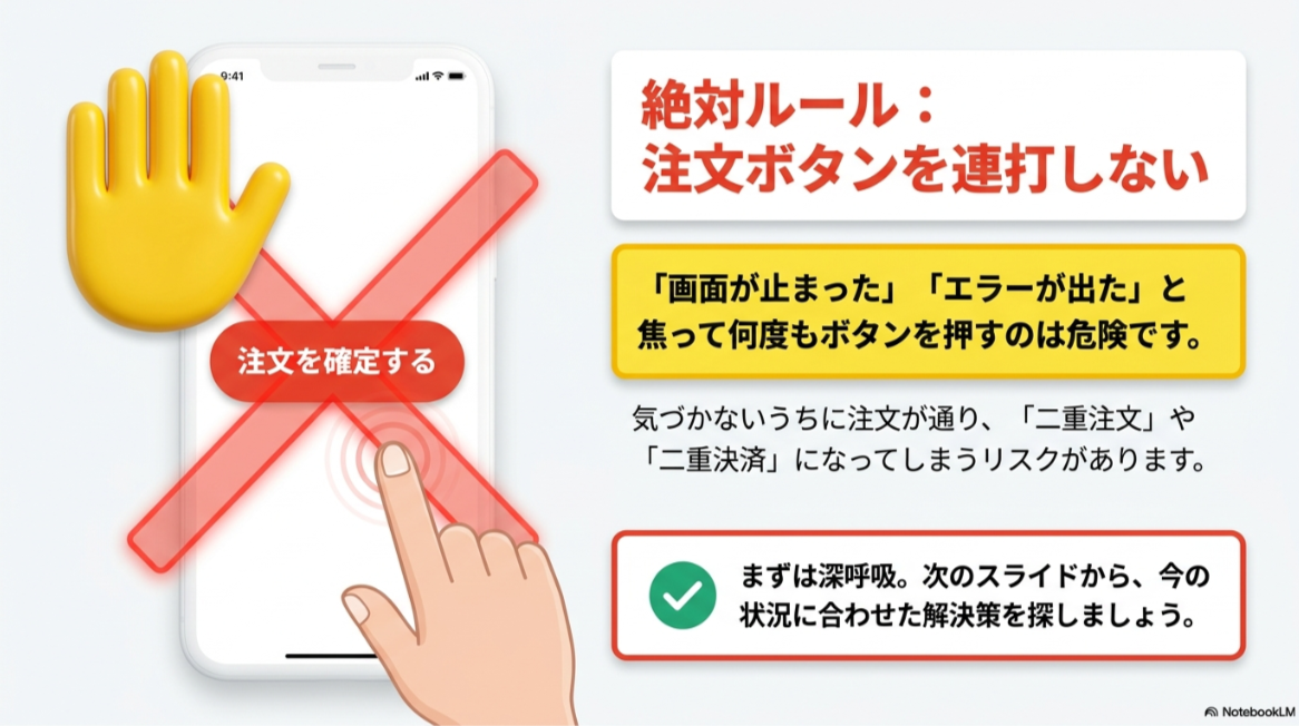 ピザーラの注文画面が止まった時に、注文ボタンを連打せず二重注文を防ぐ注意点を示したスライド
