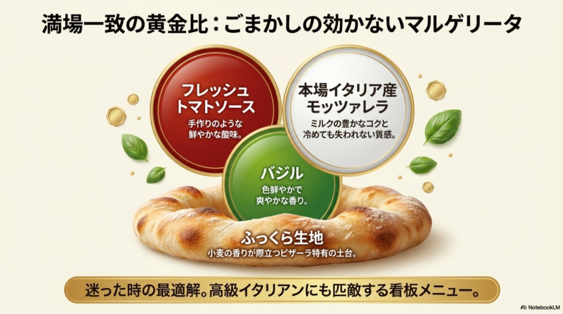 マルゲリータの素材解説スライド。フレッシュトマトソース、イタリア産モッツァレラ、バジル、ふっくら生地の4つのこだわりポイントが紹介されている。