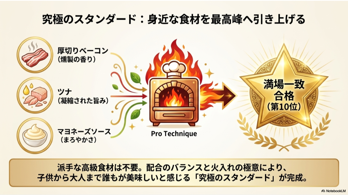 クリーミーツナベーコンの解説。厚切りベーコン、ツナ、マヨネーズソースのバランスと、第10位で満場一致合格したことが記載されている。