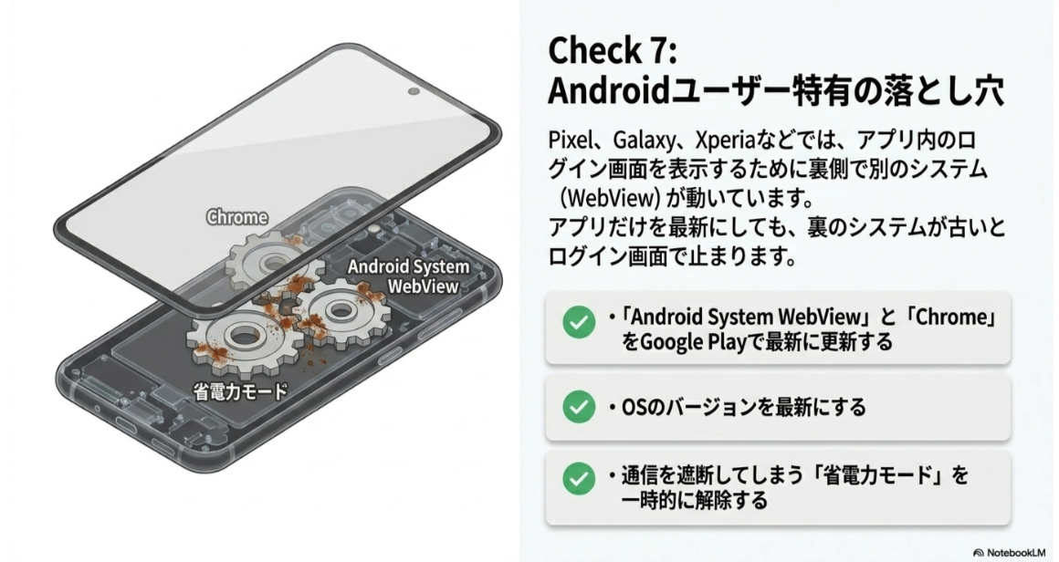 Android端末でピザハットにログインできない場合、Chrome、Android System WebView、OS、省電力設定を確認するポイントを示したスライド