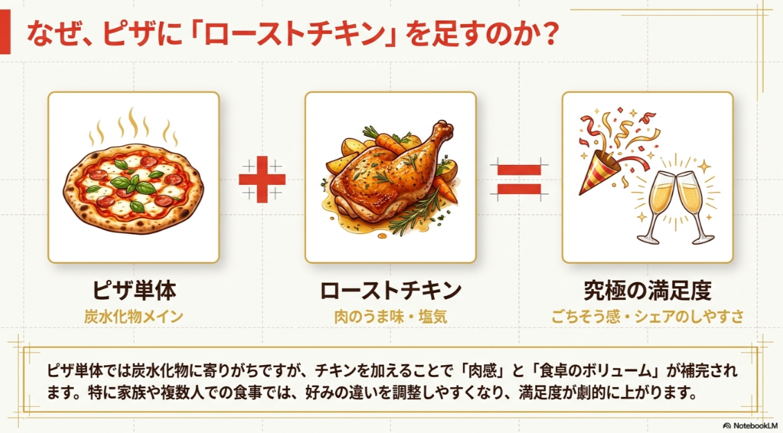 ピザ単体にローストチキンを加えることで、肉感と食卓の満足度が高まることを示したスライド