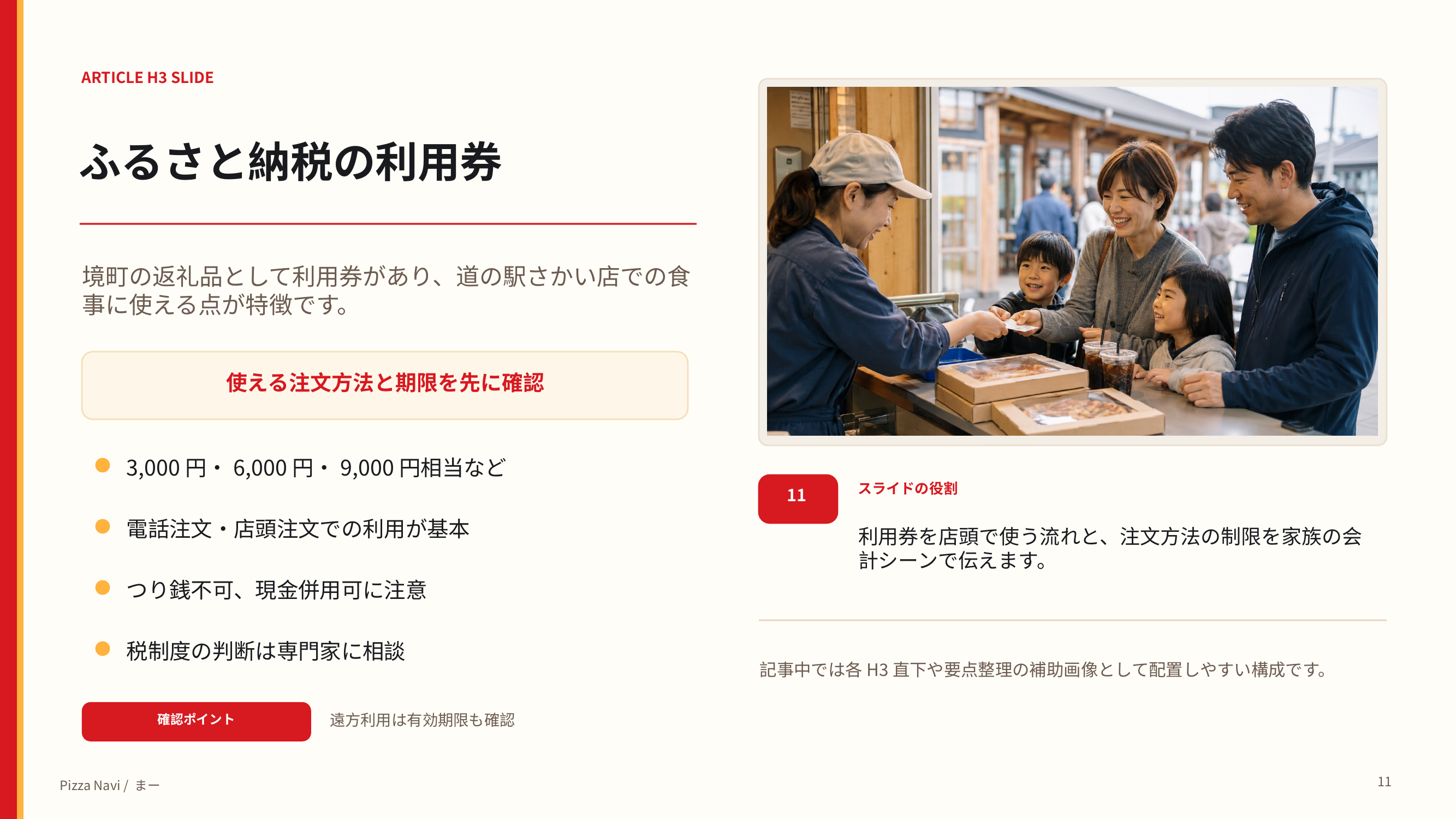 境町のふるさと納税返礼品として使えるピザーラスタイル道の駅さかい店利用券の注意点をまとめたスライド