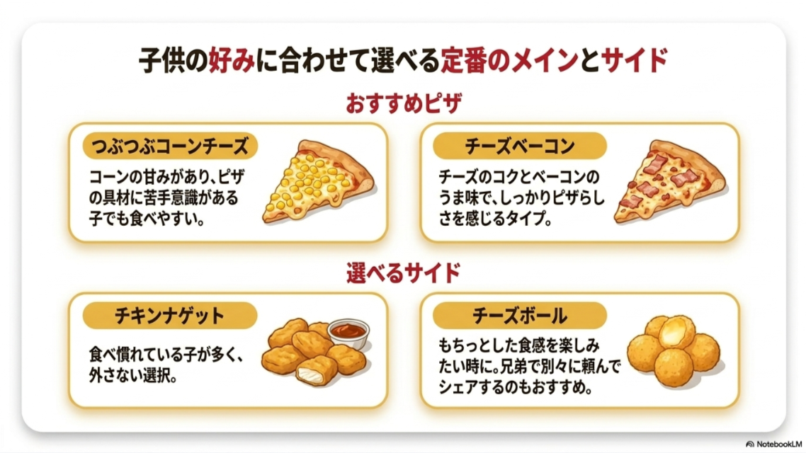 つぶつぶコーンチーズ、チーズベーコン、チキンナゲット、チーズボールなど子供の好みに合わせて選べるメニューをまとめたスライド