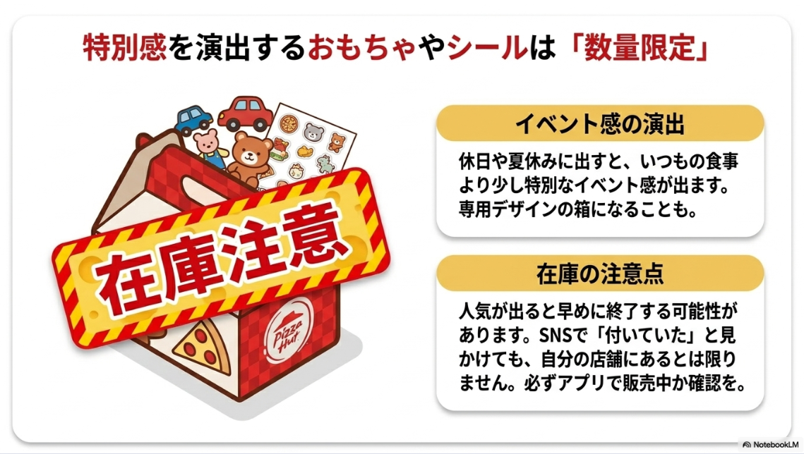 キッズMYBOXのおもちゃやシールは数量限定の場合があり、注文前にアプリで販売状況を確認したいことを伝えるスライド