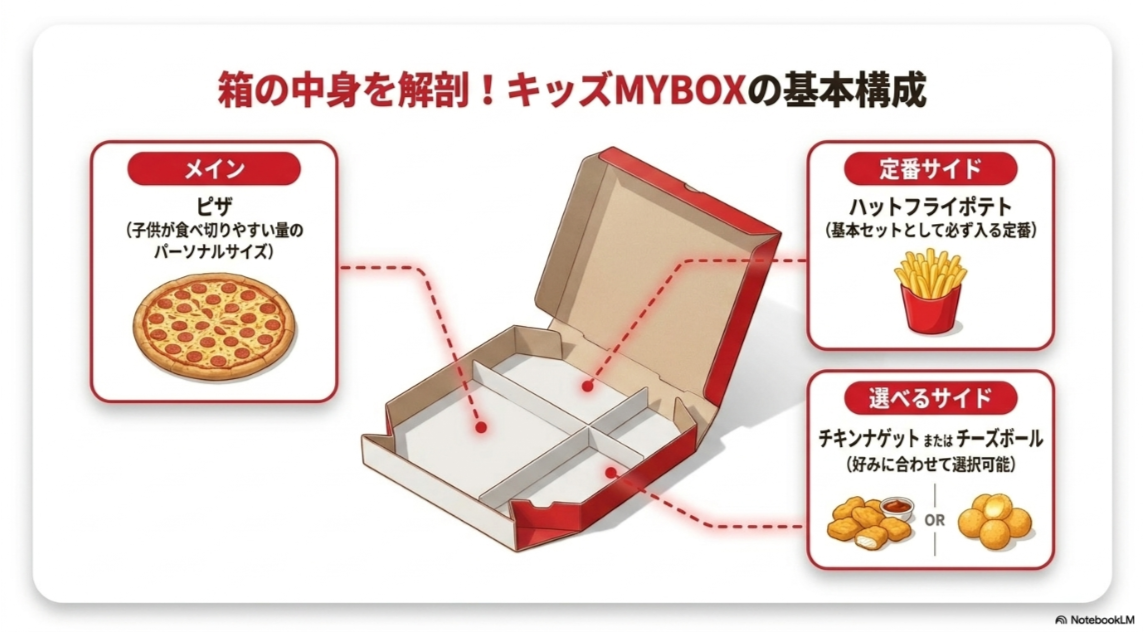 キッズMYBOXがPサイズピザ、ハットフライポテト、チキンナゲットまたはチーズボールで構成されることを説明したスライド